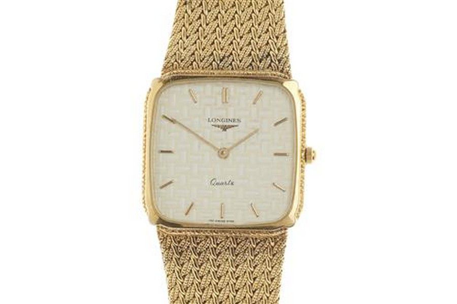 Gold Plated Longines Quartz Wristwatch with Chequerboard Dial - Watches ...