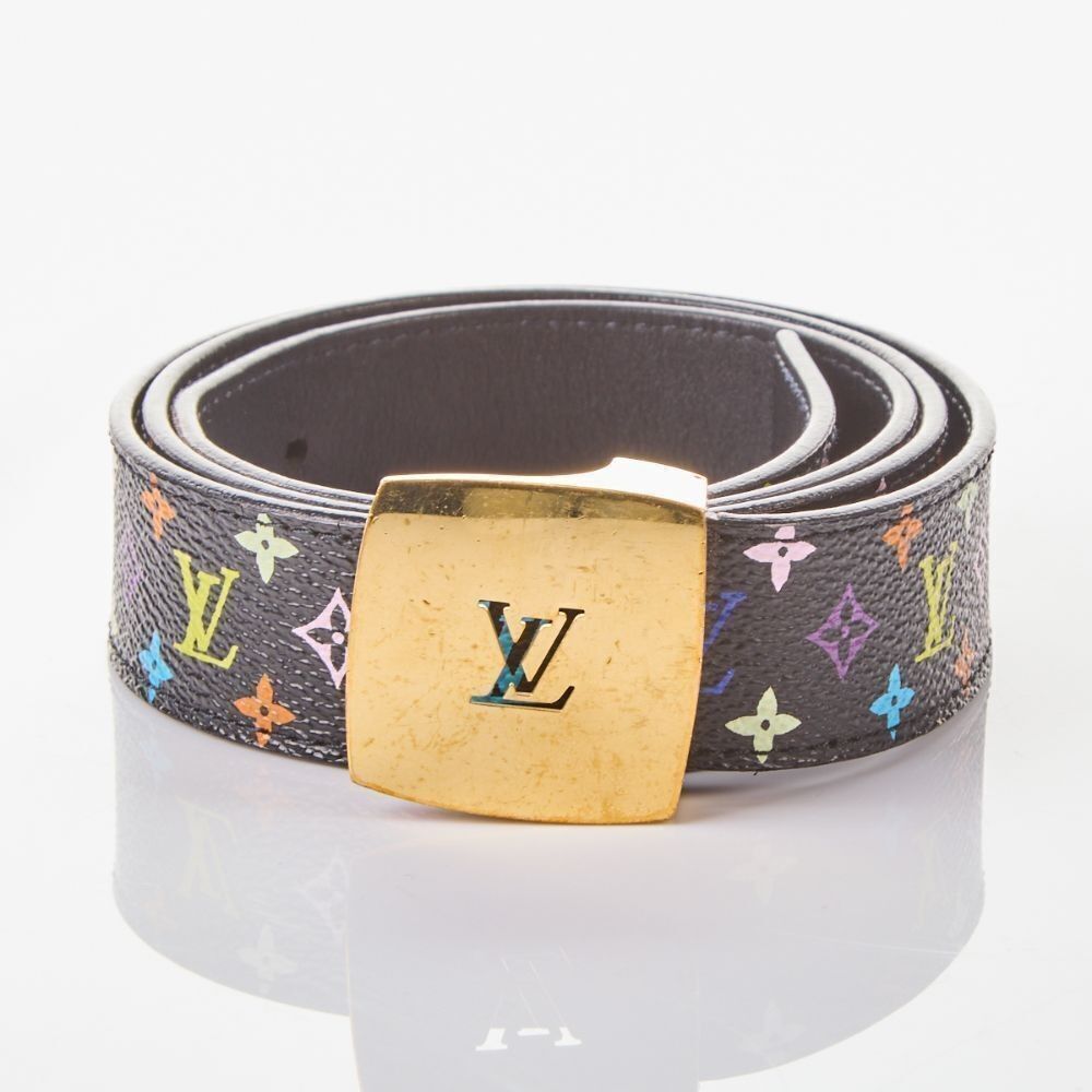 LV Black Multicolore Monogram Canvas Belt with Gold Buckle 