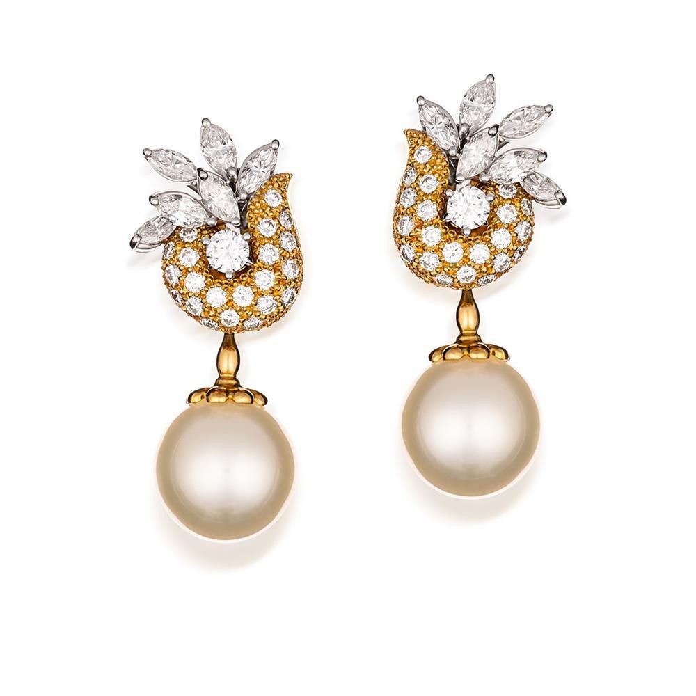 Golden South Sea Pearl and Diamond Earrings - Earrings - Jewellery
