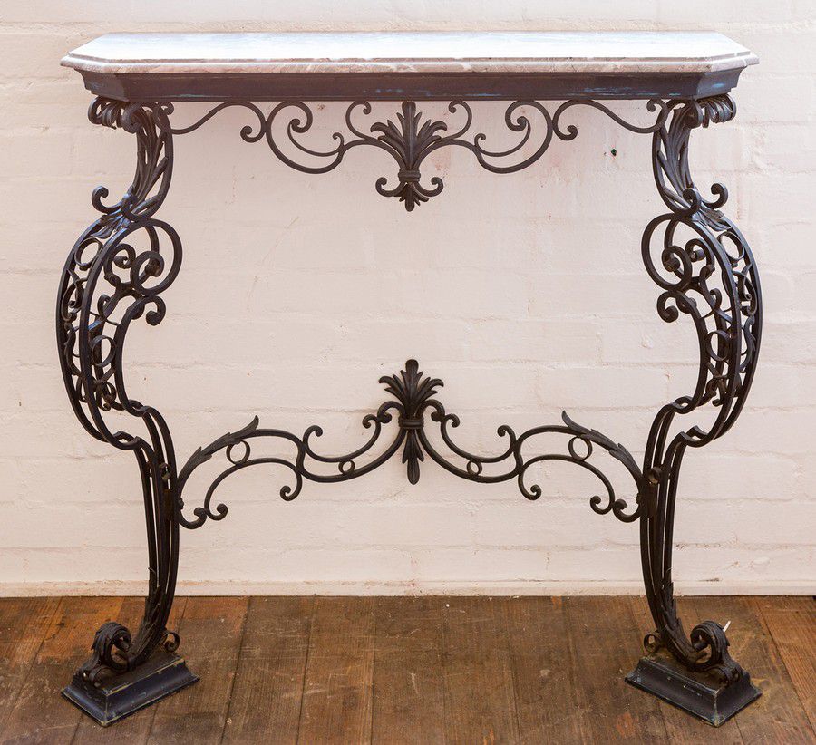 A French Wrought Iron Console Table, Wrought Iron Console Table With Marble Top