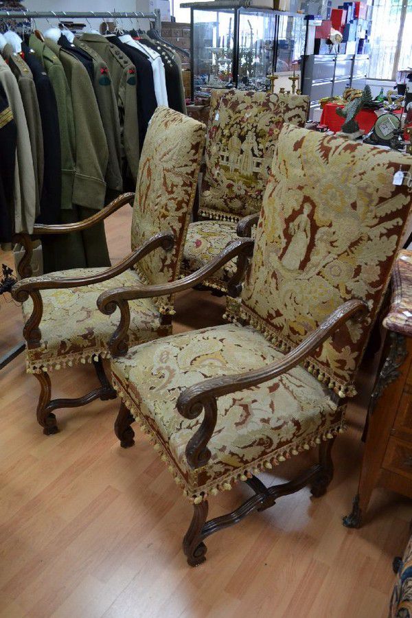 French Antique Highback Armchairs with Needlework Upholstery (Pair