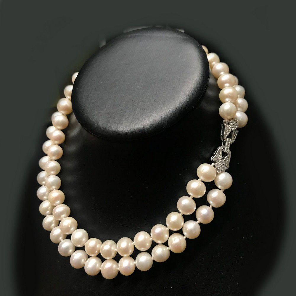 Double Strand Pearl Necklace with Silver Diamond Clasp - Necklace/Chain ...