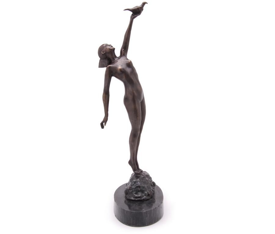 Art Deco Bronze Figure Girl Holding Dove Figuresgroups Sculpture 