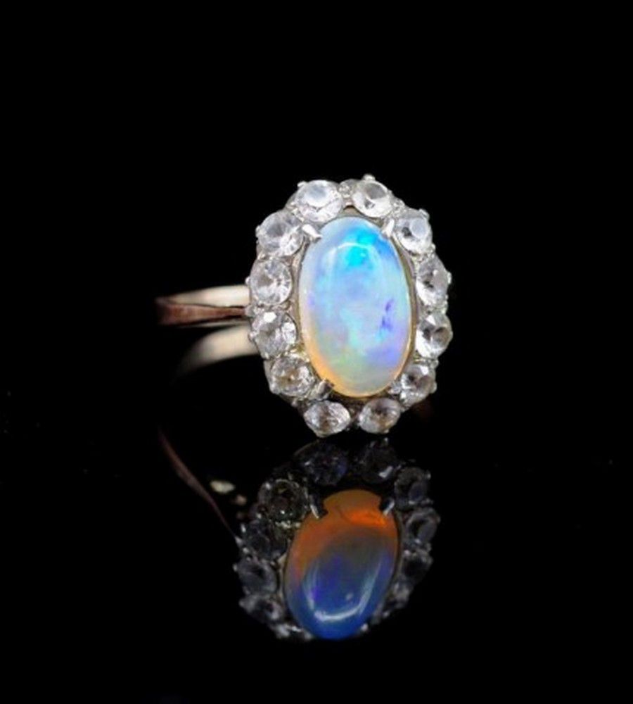 Antique Opal & White Sapphire Cluster Ring with Rose Gilt Shank - Rings ...