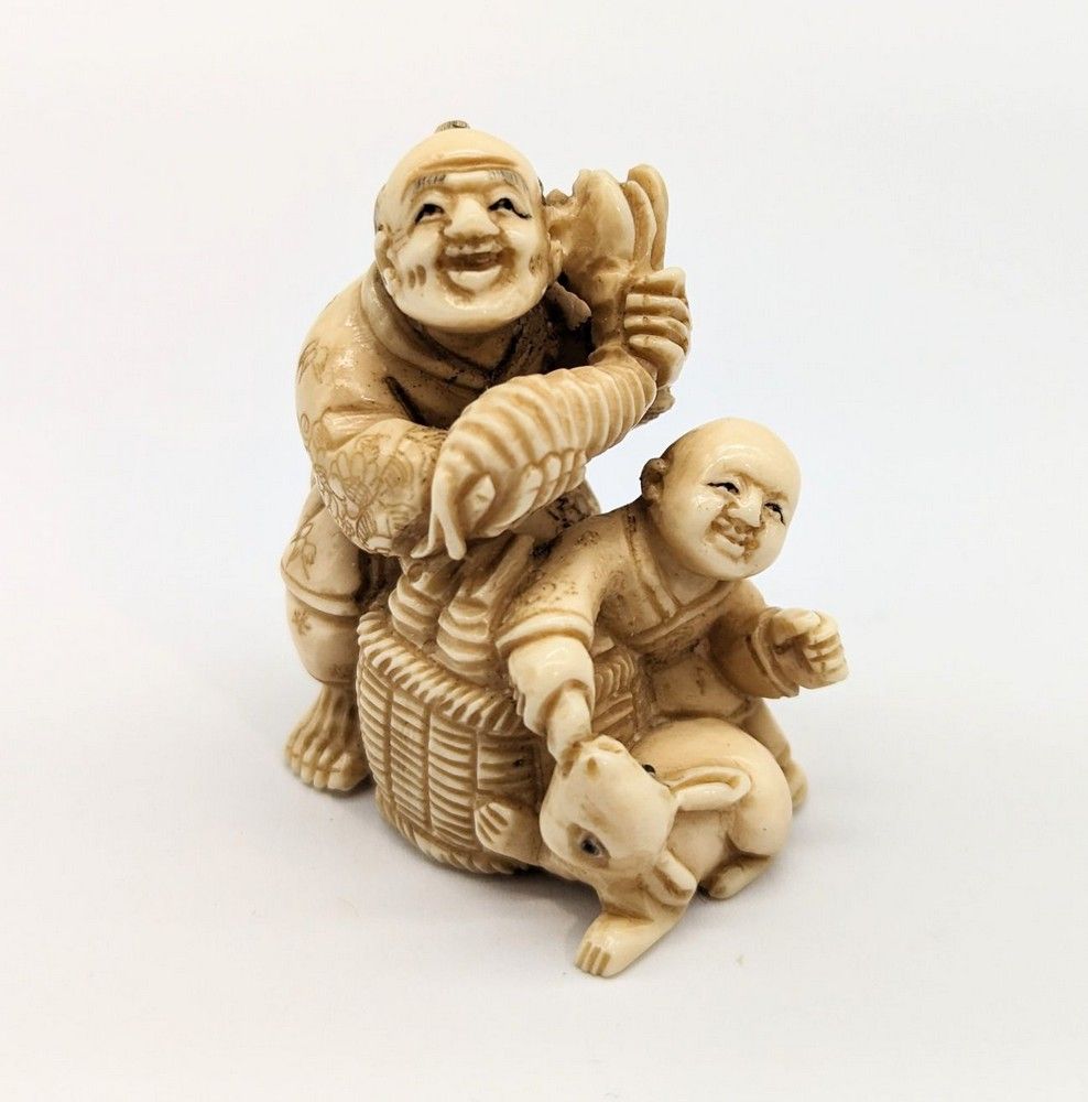 Netsuke Rabbit Dancing Fisherman and Boy Netsuke with Rabbit Feeding Scene - Netsuke - Oriental