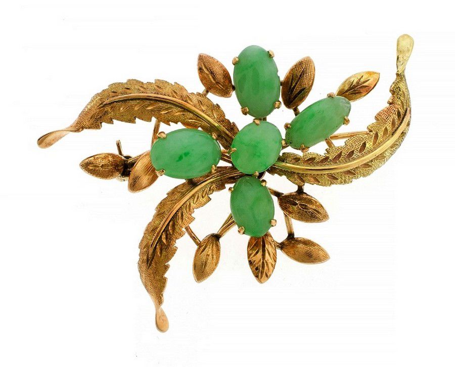 Handcrafted Jade Floral Brooch in 14ct Yellow Gold - Brooches - Jewellery