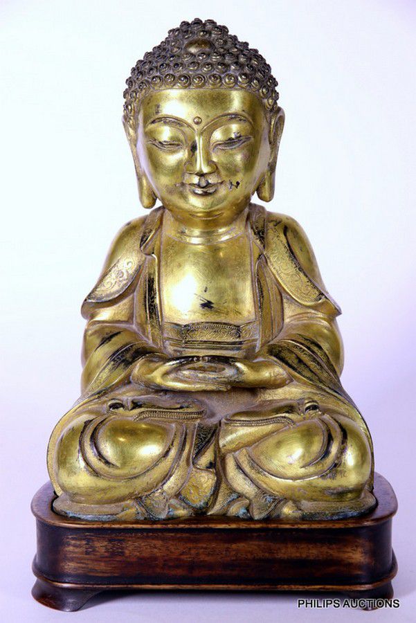 Gilt Bronze Buddha on Wood Stand - Bronze - Oriental