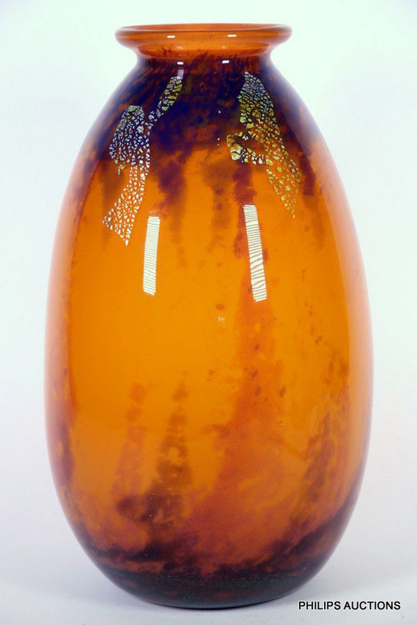 Muller Freres Orange Glass Vase With Purple Collar French Glass 