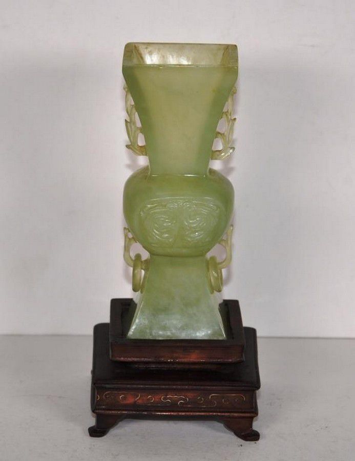 Carved Jade Vase with Leaf Handles on Timber Stand Jade Oriental