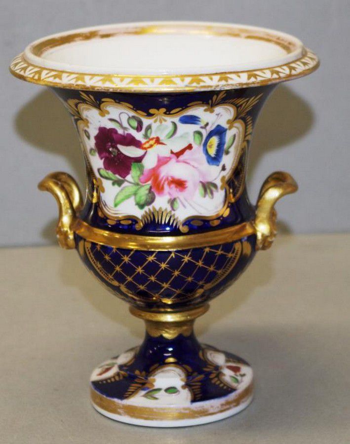 Gilt Coalport Vase with Floral Panel on Blue Ground - Coalport - Ceramics