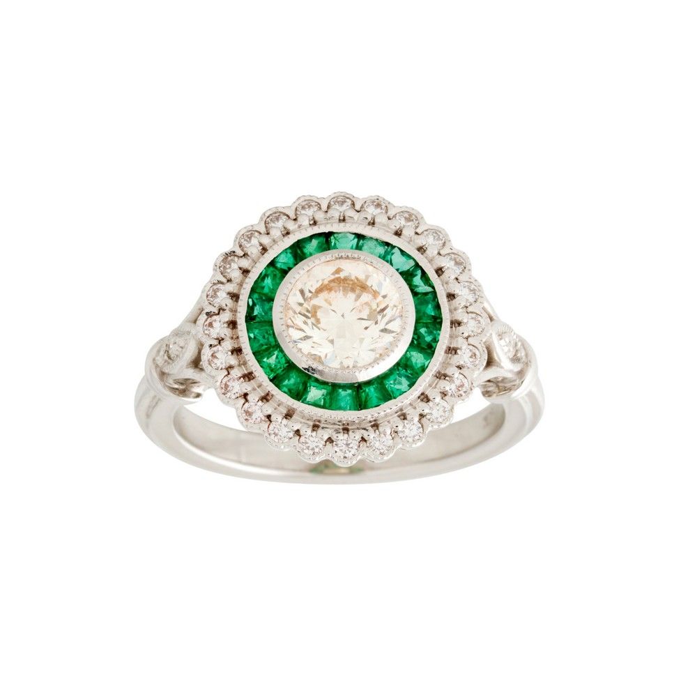 White Ringed Target Emerald and Diamond Target Ring in 18ct White Gold - Rings - Jewellery