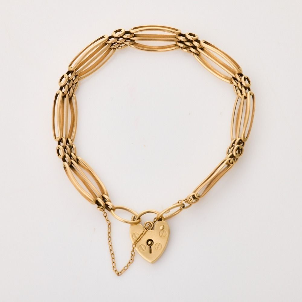 9ct Yellow Gold Three Bar Gate Bracelet with Heart Clasp - Bracelets ...