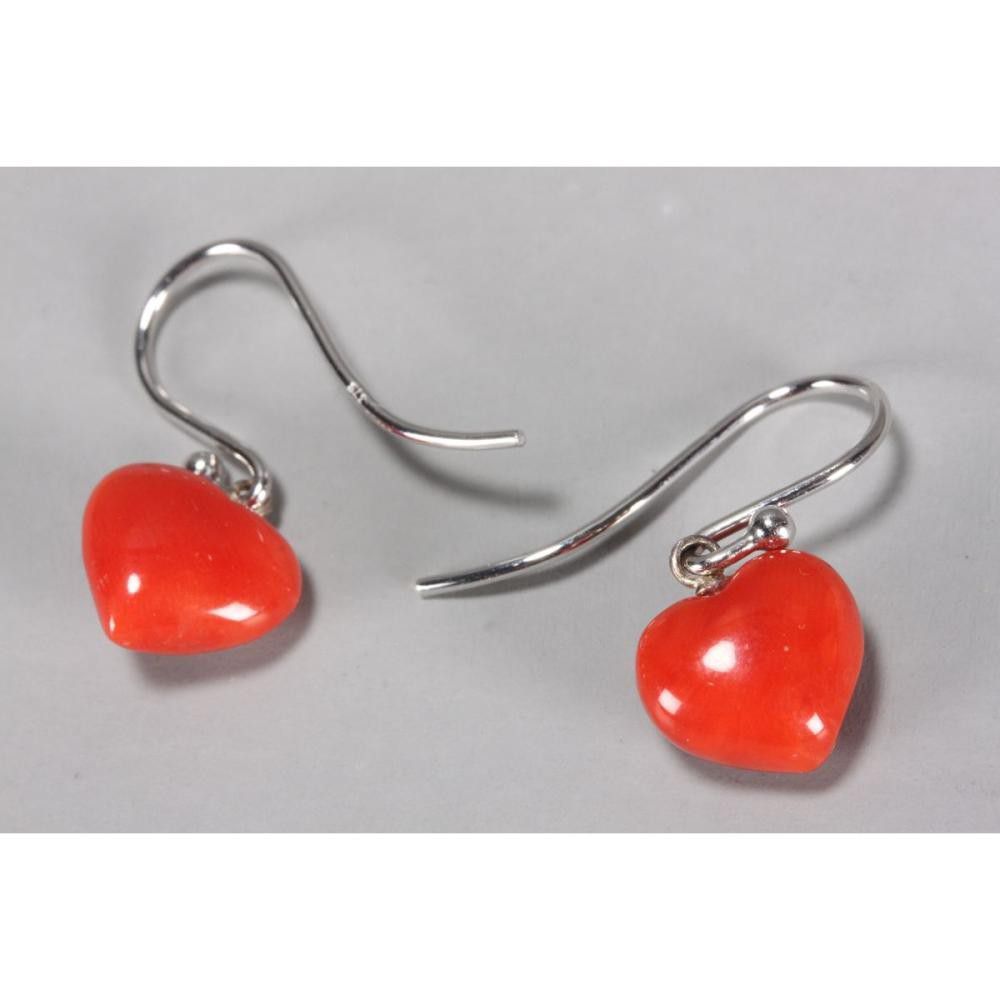 Coral Heart Earrings on 9ct White Gold Hooks - Earrings - Jewellery