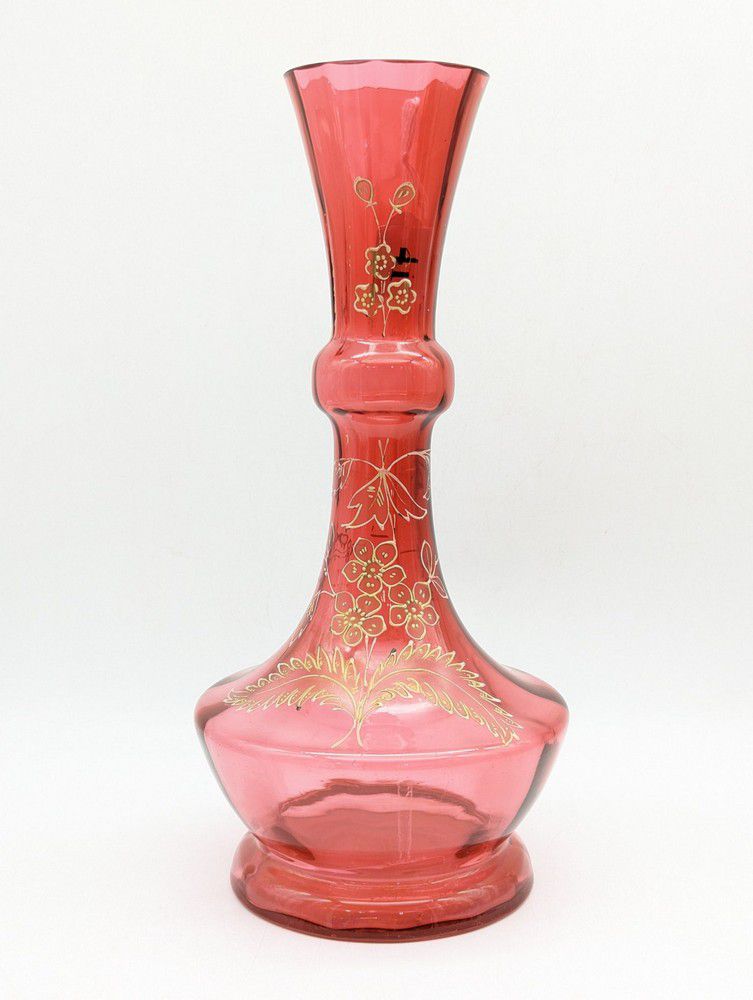 Enamelled Cranberry Glass Vase With Foliate Design British Victorian Glass