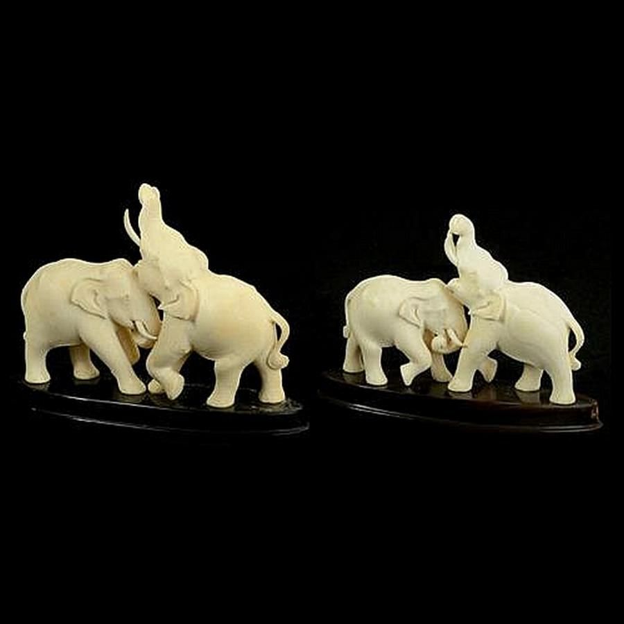 Pair Of Indian Ivory Elephant Figurines On Horn Bases Ivory Oriental