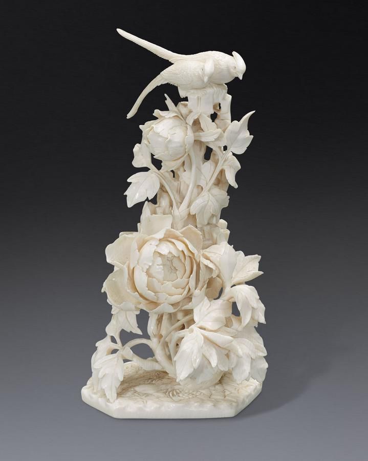 Ivory Peony Carving with Birds and Tree - Ivory - Oriental