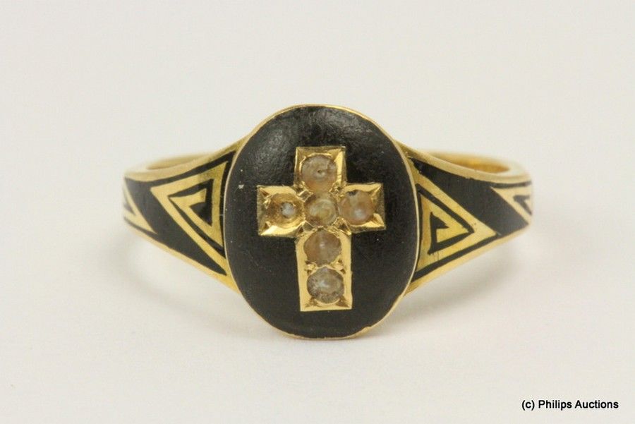 1867 Antique Mourning Ring with Seed Pearl Cross - Rings - Jewellery