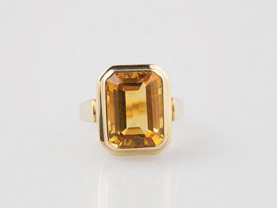 9ct Citrine Emerald Cut Ring with Rub Over Setting - Rings - Jewellery