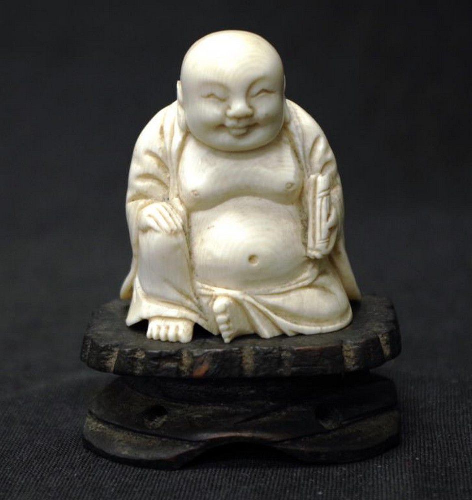 Carved Ivory Laughing Buddha on Wood Stand - Ivory - Oriental