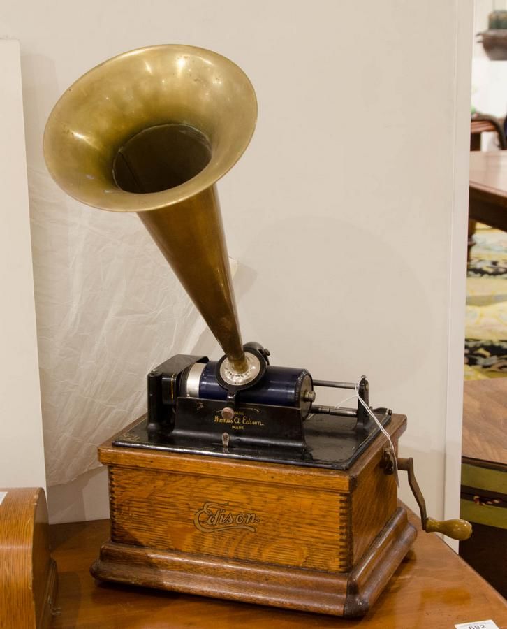 Antique Edison Cylinder Phonograph With Brass Horn Gramophones