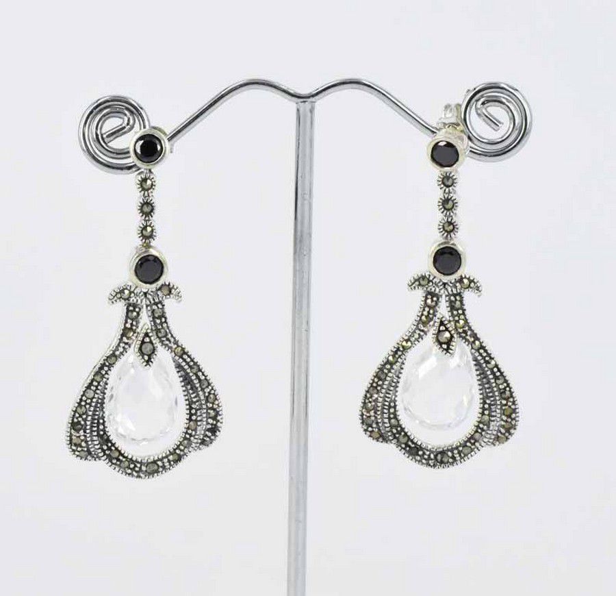 Sterling Silver Marcasite Drop Earrings with Stones - Earrings - Jewellery