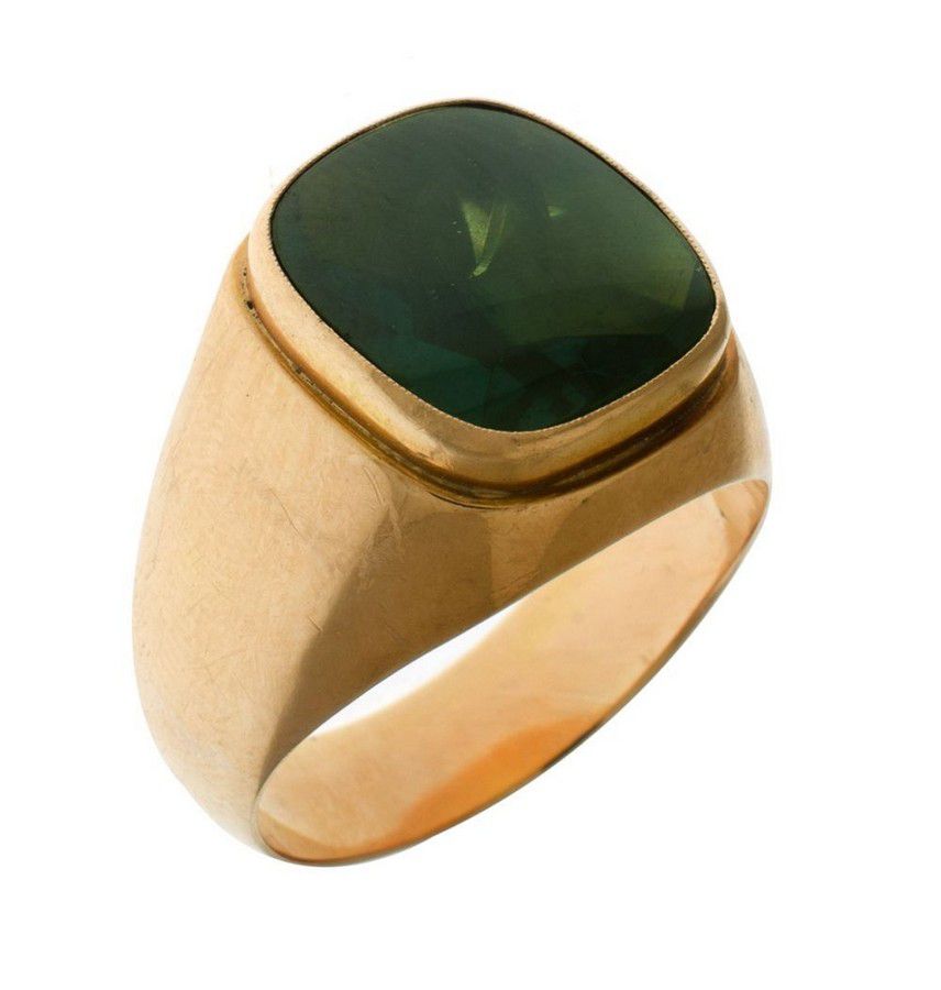 14ct Gent's Signet Ring with Synthetic Green Stone - Rings - Jewellery