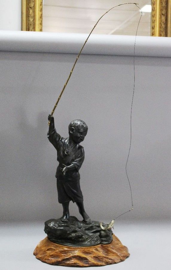 Meiji Bronze Boy Fishing Sculpture with Carved Wood Base - Bronze - Oriental