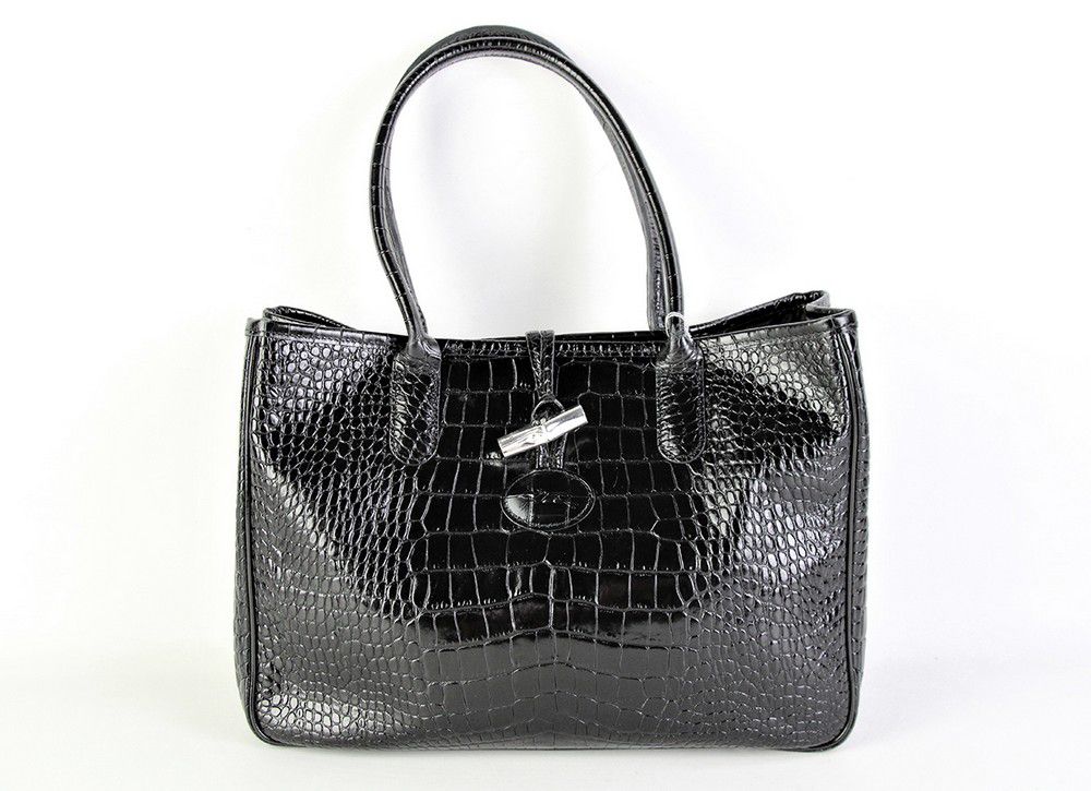 Black Crocodile Embossed Leather Longchamp Tote Bag - Handbags & Purses ...