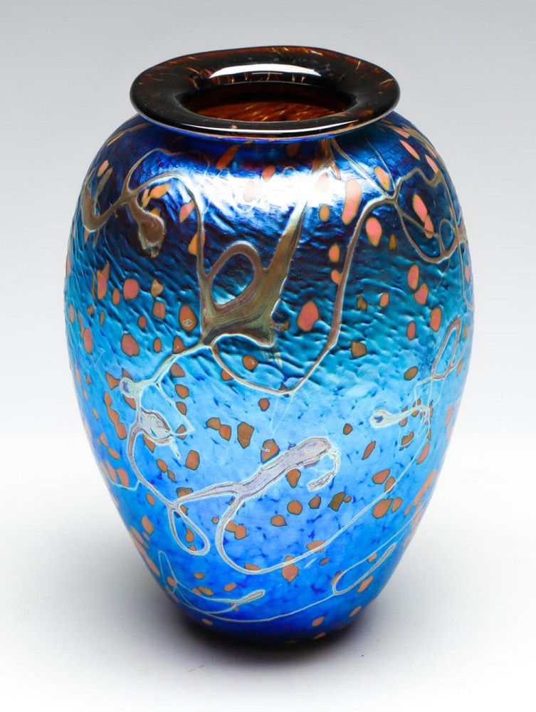 Iridescent Blue and Orange Art Glass Vase by Colin Heaney Australian