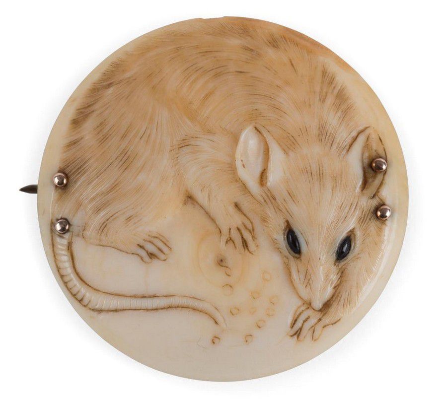 Japanese Rat Brooch: Ivory And Rose Gold, 19th Century - Zother - Oriental