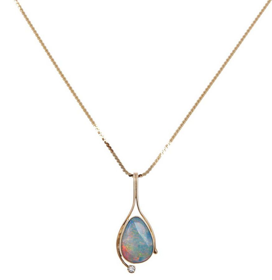 Opal and Diamond Pendant on 14ct Gold Chain - Pendants/Lockets - Jewellery