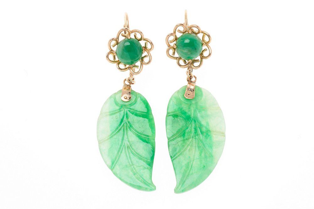 Jade Leaf Drop Earrings with Gold Fittings - Earrings - Jewellery