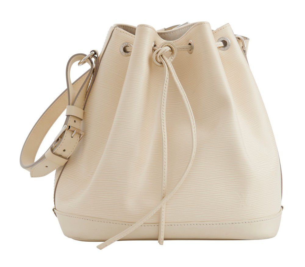 Cream Epi Leather Louis Vuitton Noe Bucket Bag with initials