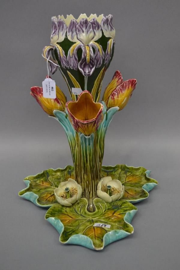 French Majolica Epergne Vase with Tulips, Iris, and Lotus - Majolica ...