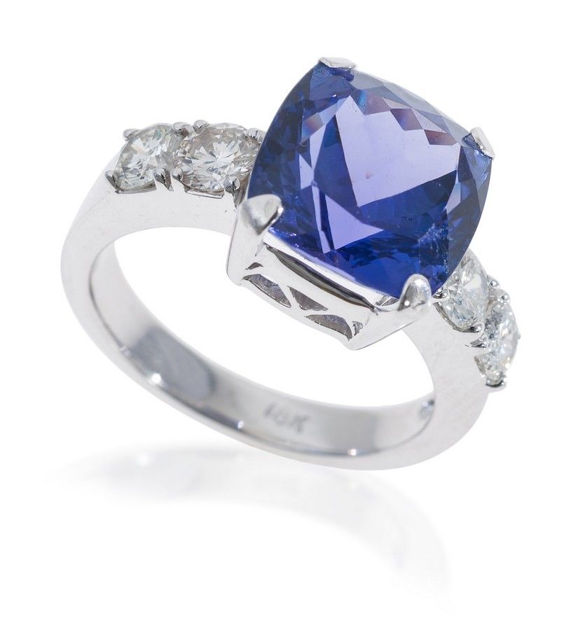 Cushion Tanzanite Diamond Ring in 18ct White Gold - Rings - Jewellery