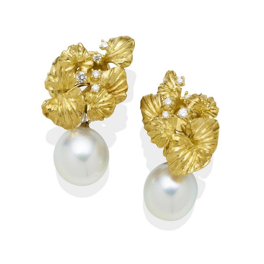 Diamond and Pearl Leaf Earrings with South Sea Drops - Earrings - Jewellery