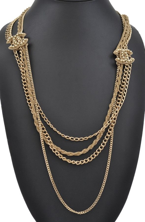 Chanel Multi-Strand 'CC' Monogram Necklace in Gilt Metal - Necklace/Chain -  Jewellery
