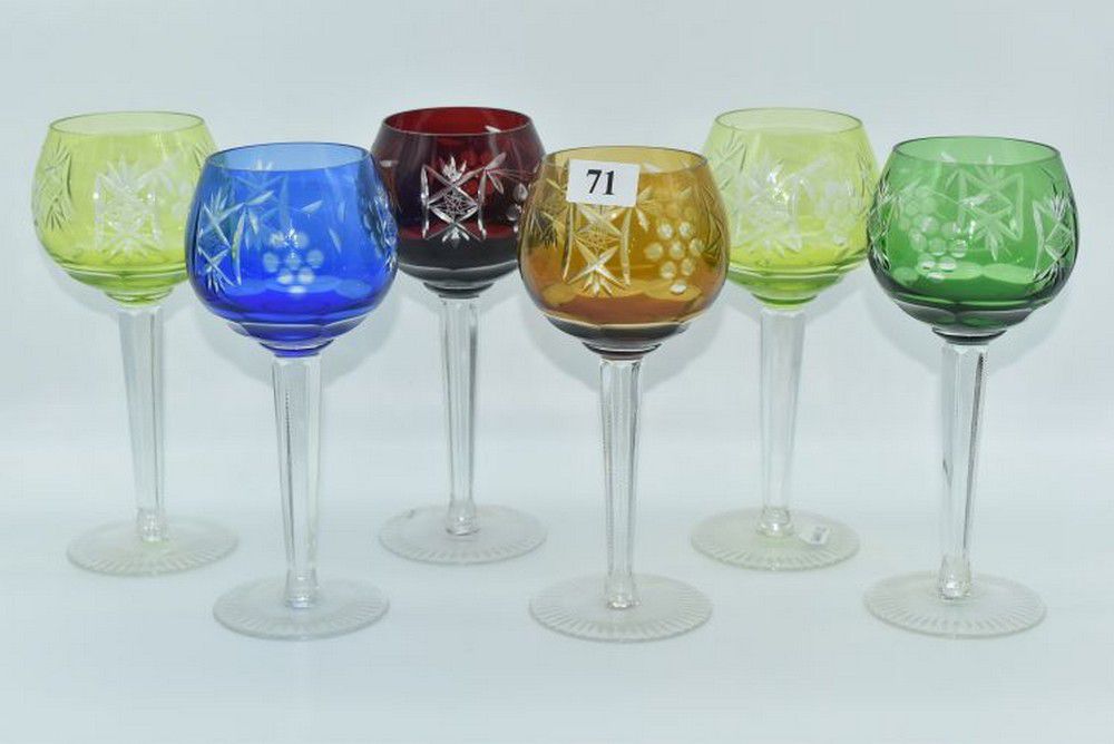 Six Coloured Crystal Moser Style Wine Glasses European Glass