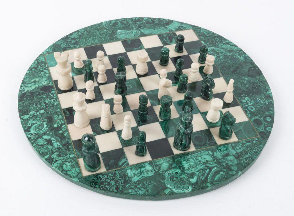 Circular Chess Board with Malachite, Bone and Brass Pieces - Games