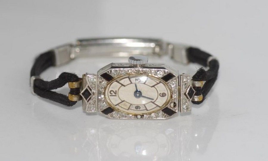 Platinum onyx watch with Art Deco diamond design - Watches - Wrist ...