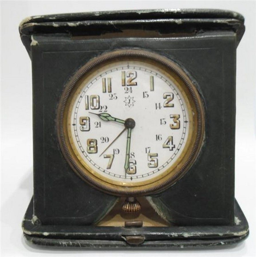 Junghans Antique Travel Clock in Green Leather Case Clocks