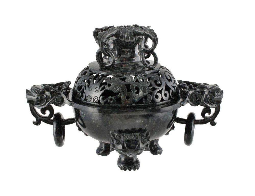 Spinach Jade Lion Censer with Reticulated Cover - Jade - Oriental