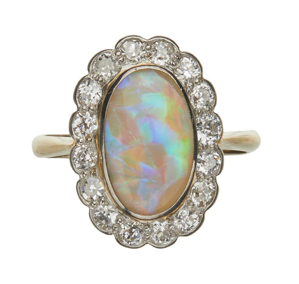 Opal and Diamond Ring with Old Cut Diamonds - Rings - Jewellery