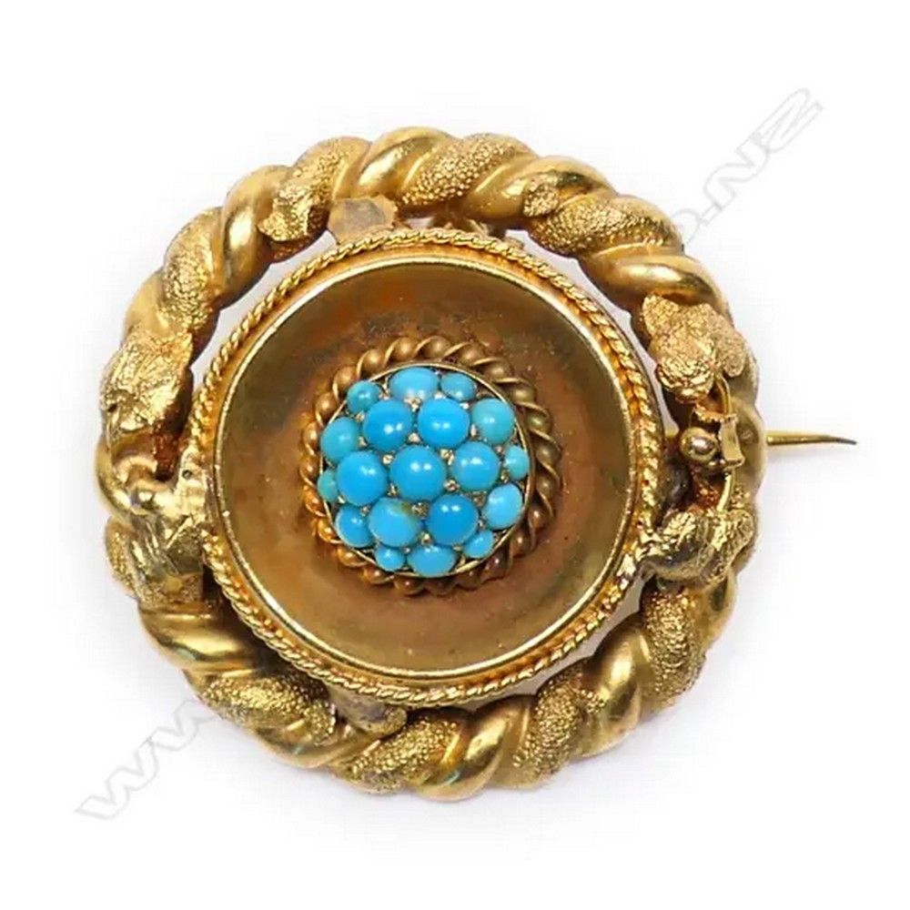 Victorian 9ct Gilded Gold Turquoise Target Brooch with Rope Twist ...