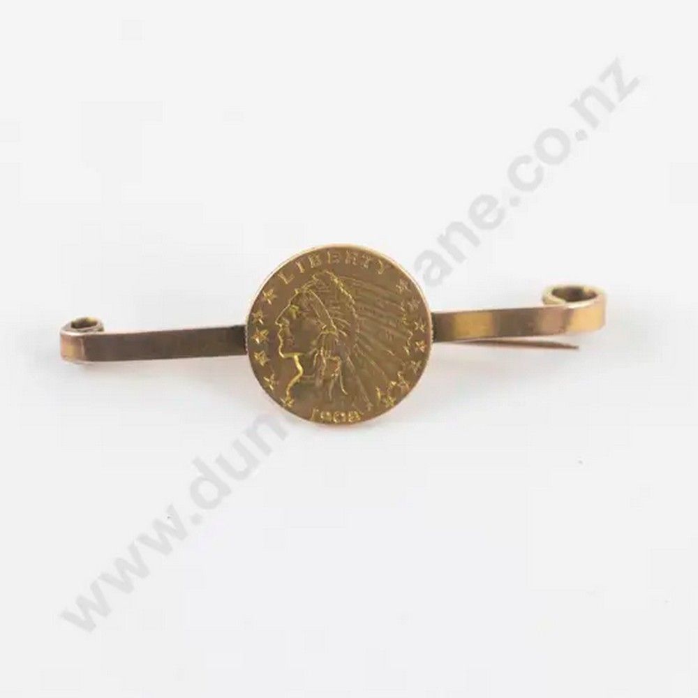 1908 Indian Head 2 50 Gold Coin On 9ct Bar Brooch Coins 1908-indian-head-2-50-gold-coin-on-9ct-bar-brooch-coins