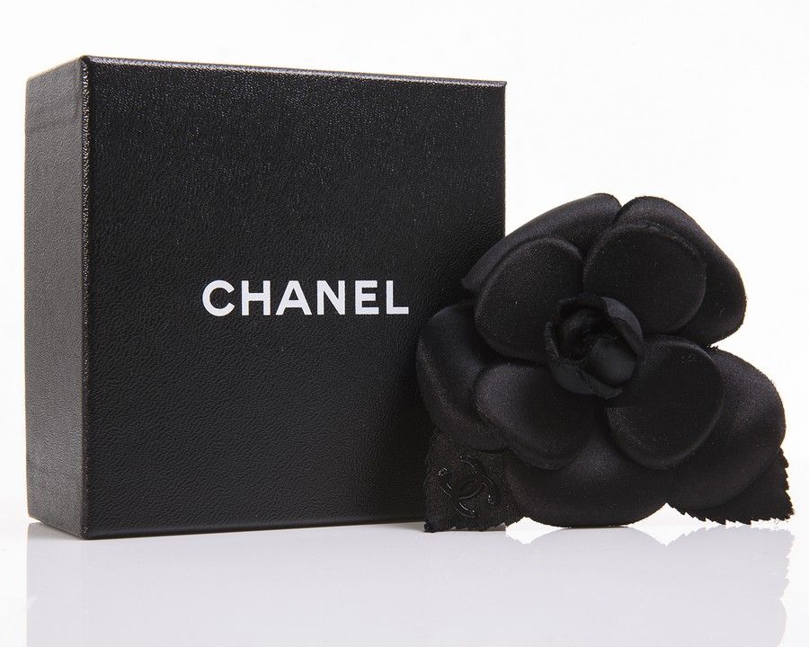 Chanel Black Satin Camelia Brooch with Monogram Detail - Brooches ...