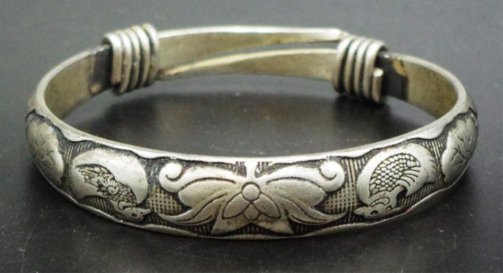Embossed Chinese Silver Bangle, 46g Weight, Expandable - Zother - Oriental