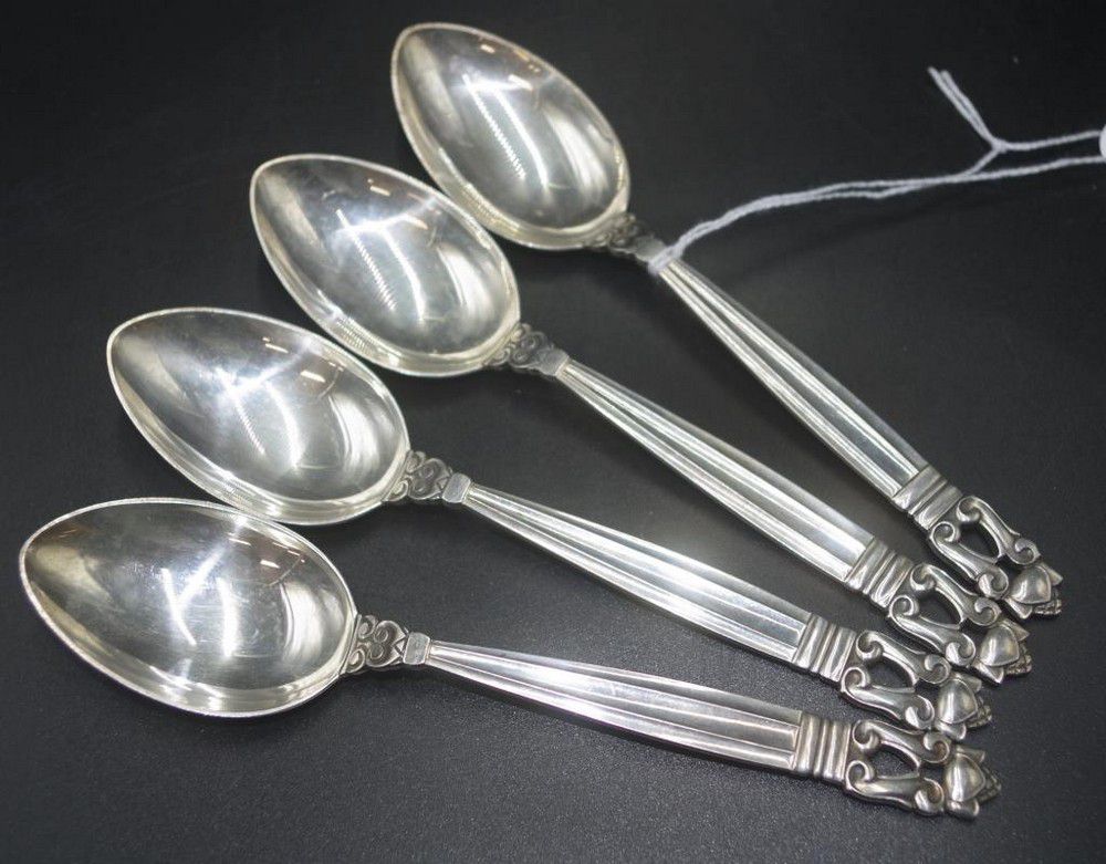 Georg Jensen Sterling Silver Acorn Dessert Spoons - Set of 4 - Flatware