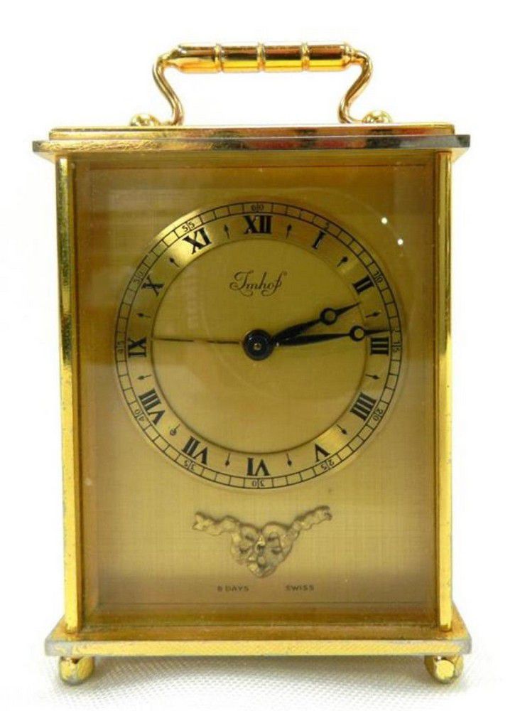 Swiss Miniature Mantle Clock with Gold Dial and Brass Case - Clocks ...