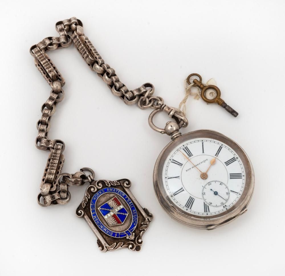 Antique Silver Pocket Watch on Sterling Silver Albert Fob Chain ...